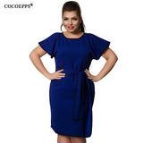 COCOEPPS Patchwork Women Dress Big Size Butterfly Sleeve Sundress 2018 Plus Size Elegant Office Dress With Sashes Blue Vestidos