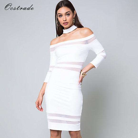 Ocstrade Trending Products 2018 Bandage Dress Long Sleeve Elegant Women White Off the Shoulder Bodycon Mesh Dress Bandage