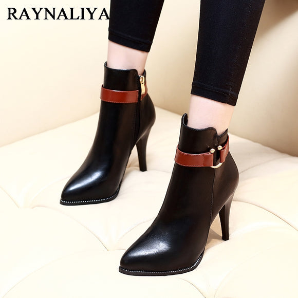2017 Women Sexy Black Motorcycle Boots High Heels Buckle Ankle Boots Autumn Pointed Toe Fashion Square Heel Shoes DZ-A0002