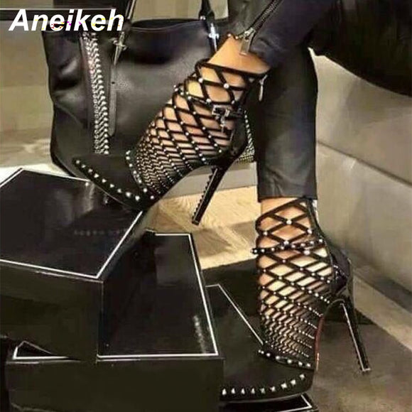 Aneikeh Gladiator Roman Sandals Summer Rivets Studded Cut Out Caged Ankle Boots Stiletto High Heel Women Sexy Shoes Party Bootie