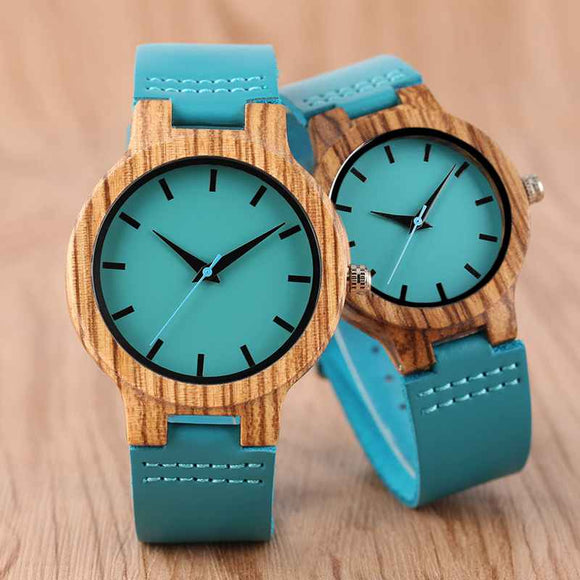 Luxury Royal Blue Wood Watch Top Quartz Wristwatch 100% Natural Bamboo Clock Casual Leather Valentine's Day Gifts for Men Women